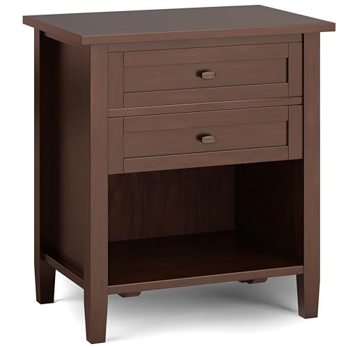 SIMPLIHOME Warm Shaker Bedside Table - 24 inch Wide Solid Wood Nightstand in Russet Brown, Transitional Bedroom Side or End Table with 2 Drawers, Open Shelf Storage and Brushed Nickel Hardware - color: Russet Brown