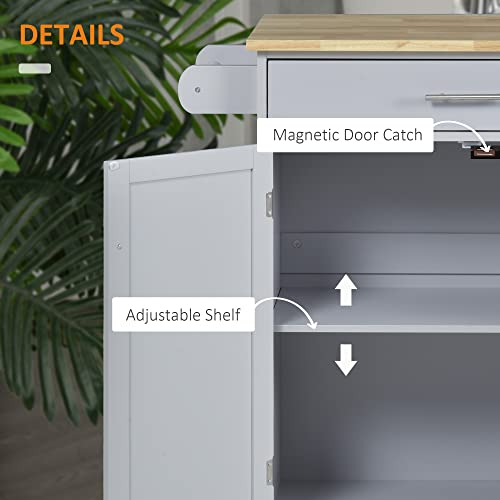 HOMCOM Kitchen Island Cart, Rolling Island Table with Solid Wood Top, Trolley Cart with Drawer, Storage Cabinet & Towel Rack, Gray - color: Grey