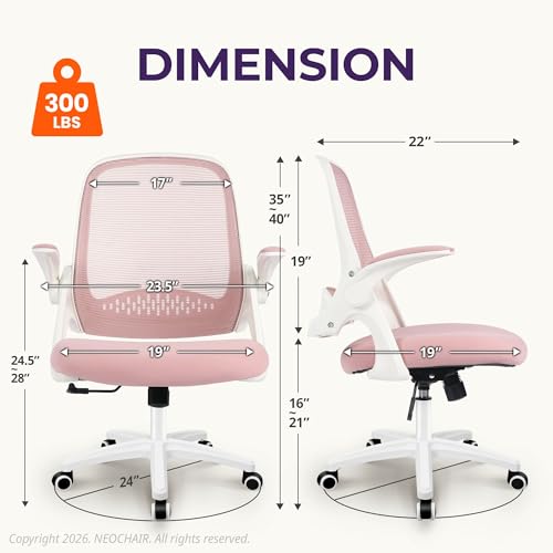 NEO CHAIR Office Desk Gaming Ergonomic Computer Chair with Lumbar Back Support Adjustable Height Swivel Rolling Wheels Flip-up Arms Mesh Chair for Home Vanity (Pink) - color: Pink