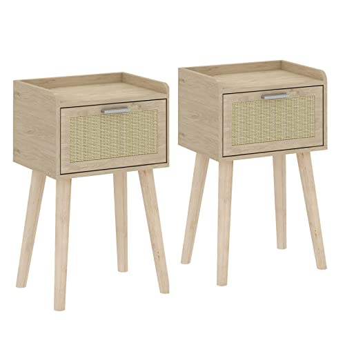 LAATOOREE Nightstand Set of 2, Small Bedside Table, End Table with Rattan Door, Boho Side Table with Solid Wood Legs for Bedroom Living Room Small Space - color: Natural, style: Boho Style