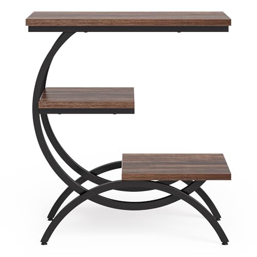 LITTLE TREE End Table, Narrow End Table with 3 Storage Shelves, Industrial C-Shaped Small Sofa Side Table for Living Room, Wood Slim Snack Table with Black Metal Frame, Rustic Brown - color: Rustic Brown