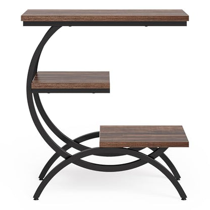 LITTLE TREE End Table, Narrow End Table with 3 Storage Shelves, Industrial C-Shaped Small Sofa Side Table for Living Room, Wood Slim Snack Table with Black Metal Frame, Rustic Brown - color: Rustic Brown