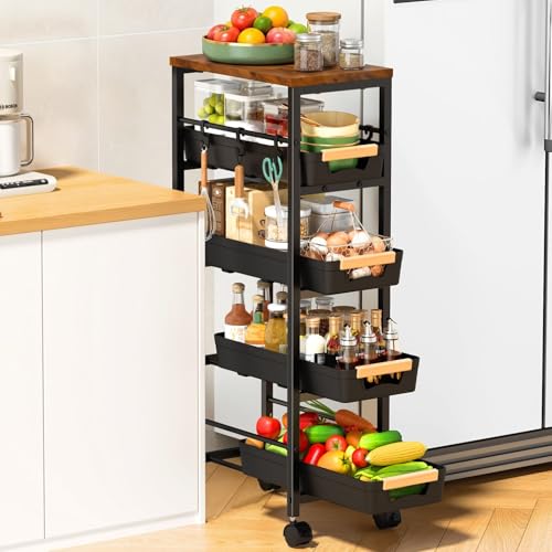 SUNALLY Slim Storage Cart with Pull-Out Baskets, 5-Tier Rolling Kitchen Cart with Wooden Top & Lockable Wheels, Narrow Space Utility Cart Organizer for Kitchen, Bathroom, Laundry Room, Black - color: Black