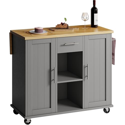 SUNLEI Rolling Kitchen Island Cart with Wheels, Island Table for Kitchen, Farmhouse Kitchen Cart with Drop Leaf & Towel Rack & Drawer, Kitchen Islands Table with Storage Cabinet, Grey - style: Grey