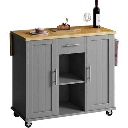 SUNLEI Rolling Kitchen Island Cart with Wheels, Island Table for Kitchen, Farmhouse Kitchen Cart with Drop Leaf & Towel Rack & Drawer, Kitchen Islands Table with Storage Cabinet, Grey - style: Grey