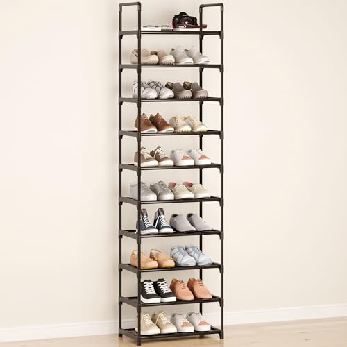 10-Tier Large Capacity Shoe Rack, Sturdy Narrow Shoe Stand for Entryway, Closet, Hallway, 20-25 Pairs Waterproof Dustproof Shoe Storage, Space Saving Tall Shoe Tower (Black) - size: 10-Black(17.5W")