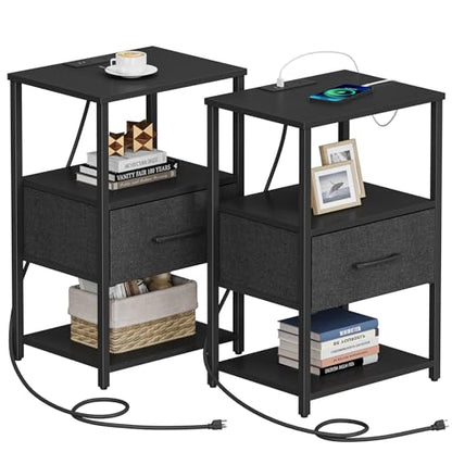 TUTOTAK Nightstand Set of 2, Night Stand with Charging Station, End Table, Bedside Table with Fabric Drawer, Side Table for Livingroom and Bedroom, Black TB01BK0692 - color: Black, style: Plug