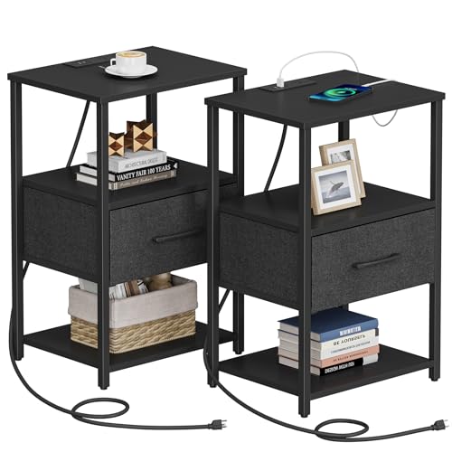 TUTOTAK Nightstand Set of 2, Night Stand with Charging Station, End Table, Bedside Table with Fabric Drawer, Side Table for Livingroom and Bedroom, Black TB01BK0692 - color: Black, style: Plug