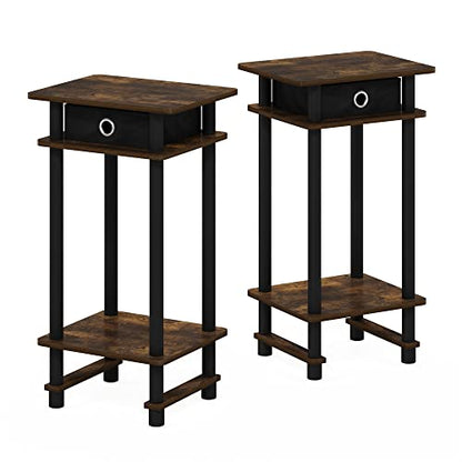 Furinno Turn-N-Tube Tall End Side Night Stand/Bedside Table with Bin Drawer, 2-Pack, Amber Pine/Black/Black | Tall Narrow Modern End Table with Storage Bin, Open Shelf Night Stand, Bedside Table, for Living Room, Bedroom - color: Amber Pine/Black/Black, s