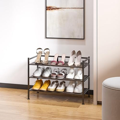 3-Tier Stackable 1" Slat Steel Frame Shoe Rack, 27.25"W x 12.75"D, Espresso | Interlocking modular design maximizes storage while the sturdy steel frame holds up to 12 pairs of shoes (Patented Design) - color: Espresso Slat, size: 3-Tier (NEW MODEL)