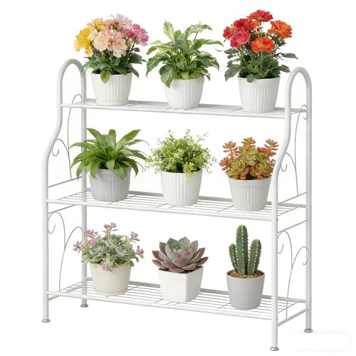 SORCEDAS Plant Stand Indoor Outdoor Plant Shelf 3 Tier Metal Corner Flower Stand Multiple Holder for Patio Garden Balcony Living Room, White - size: 3 Tier-White