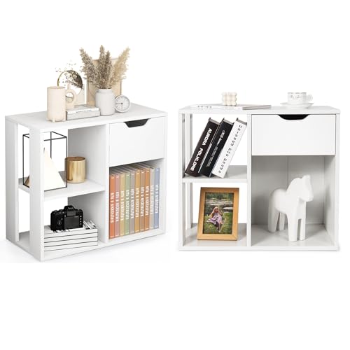 Giantex 3 Cube Bookcase with Drawer, 2 Tier Bookshelf for Small Space, Modern Freestanding Display Rack with Open Shelves, White Book Case, Wood Cube Storage Organizer Bedroom Living Room, 2 Pack - color: White