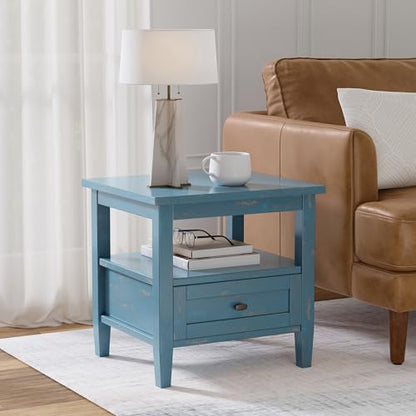 SIMPLIHOME Warm Shaker End Table - 20" Wide x 20" High Solid Wood Square Accent Table in Distressed Coastal Blue, Transitional Side Table for Living Room with Drawer, Open Shelf and Tapered Legs - color: Distressed Coastal Blue, size: 20 inch, style: End