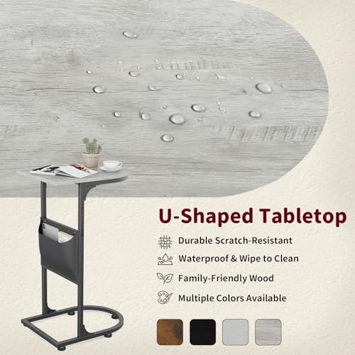 C Shaped End Table, Slide Under Small Side Table for Couch & Small Spaces | Wobble-Free C Table For Sofa, Greige, Storage Bag, Sturdy Metal Frame, Wood Top, Living Room & Bedroom, 15-Min Quick Assembly - color: Classic Greige
