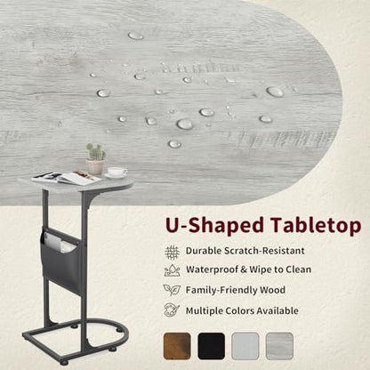 C Shaped End Table, Slide Under Small Side Table for Couch & Small Spaces | Wobble-Free C Table For Sofa, Greige, Storage Bag, Sturdy Metal Frame, Wood Top, Living Room & Bedroom, 15-Min Quick Assembly - color: Classic Greige