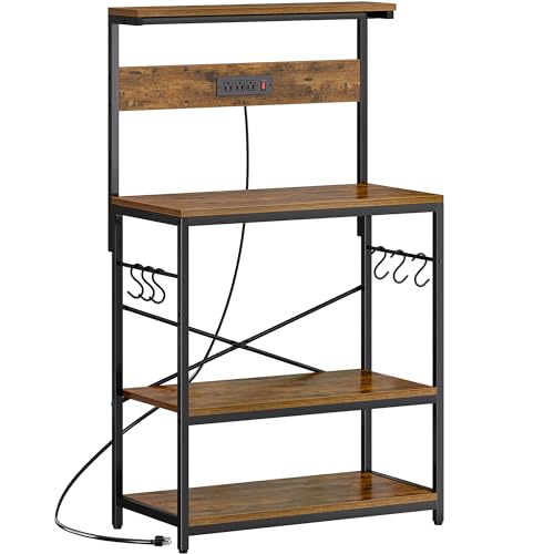 SUPERJARE Bakers Rack with Power Outlets, Microwave Stand, 31.5 X 16.5 Inch Larger Desktop, Kitchen Storage Rack with Adjustable Middle Shelf, 6 S-Shaped Hooks, Coffee Bar Stand, Rustic Brown - color: Rustic Brown, size: 31.5 inch