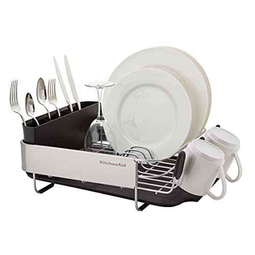 KitchenAid Compact, Space Saving Rust Resistant Dish Rack with Removable Flatware Caddy and Angled Self Draining Drainboard, 16.06-Inch, Black - color: Black, size: Compact