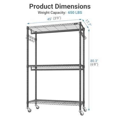 VIPEK R2 Plus Heavy Duty Rolling Garment Rack 3 Tiers Adjustable Wire Shelving Clothes Rack with Double Rods and Side Hooks, Freestanding Wardrobe Storage Rack Metal Clothing Rack, Black - color: Black, size: R2 Plus