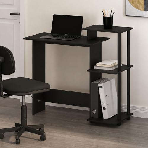 Furinno Efficient 29-Inch Black Computer Desk with Side Shelves, Gaming Desk with 3 Open Shelves, Home Office Desk, for Home Office, Study Room, Dorm, Bedroom, Dark Americano - color: Dark Americano/Black, size: 28.6-in with 3 Side Shelves