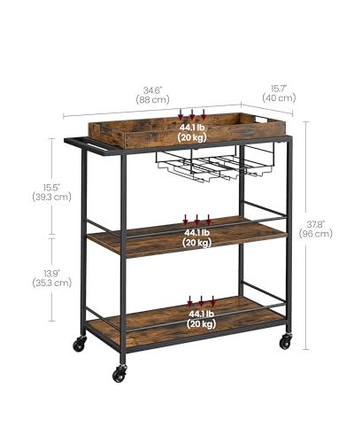 VASAGLE Kitchen Serving Cart with Removable Tray, 3-Tier Kitchen Utility Cart on Wheels with Storage, with Brakes, Leveling Feet, 15.7 x 34.6 x 37.8 Inches, Rustic Brown and Black ULRC093B01 - color: Rustic Brown + Black, size: 15.7"D x 34.6"W x 37.8"H