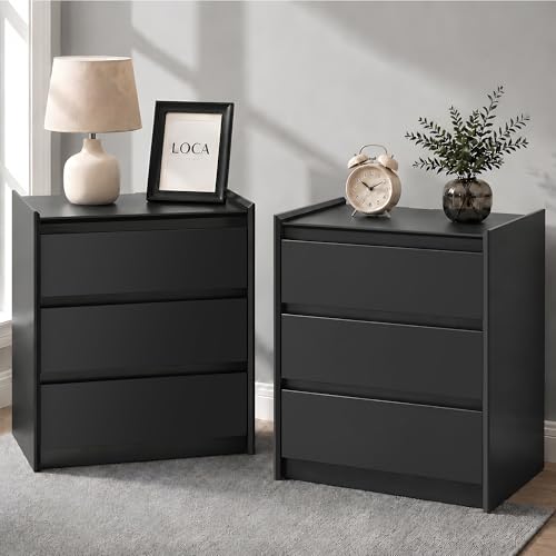 Black Nightstands Set of 2 with Charging Station, 3-Drawer Pair | Hidden USB-C, USB-A, 2 AC outlets and 4.9 ft cords power both sides of the bed; closed storage keeps rooms tidy and private. - color: Black, size: 2-Pack, style: 3 Drawers