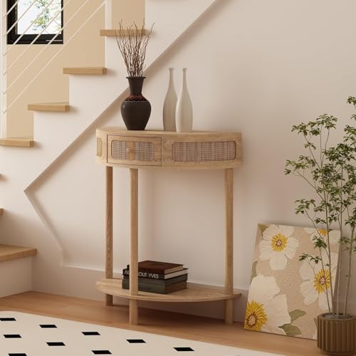Wnutrees Rattan Half Moon Console Table, Modern Entryway Table with Drawer, Boho Sofa Table with Bottom Storage Shelf, Small Semicircular Tables for Hallway, Living Room, Natural - color: Natural