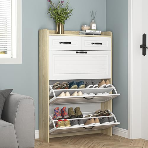Large Shoe Cabinet for Entryway, Slim Hidden Shoe Storage Cabinet with 3 Flip Drawers and 2 Top Drawers,Shoe Rack Organizer Cabinet for Hallway, Brown and White - color: White and Oak