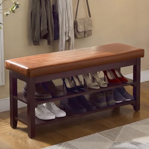 40" Faux Leather Shoe Storage Bench Entryway, Upholstered Bench with Leather Cushion, Solid Wooden 2 Tier Rack Shoe Organizer for Entry Way, Bedroom, Living Room, Light Brown - color: Light Brown