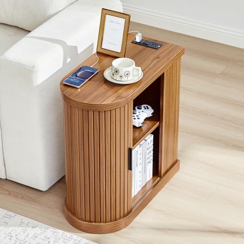 Turtle&Myrtle Nightstands with Charging Station, Narrow Side Table with Storage Doors and Shelves, Mid-Century Modern Bedside Table for Small Spaces Bedrooms, Walnut - style: Mid-Century Modern