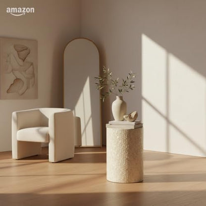PEMAR Capiz Shell Cylinder Drum End Table Nacre Side Table Stool Round Drum Accent Coffee Bedside Nightstand and Vanity Stool, 13" Diameter x 19.3" High, White Cream - color: White Cream