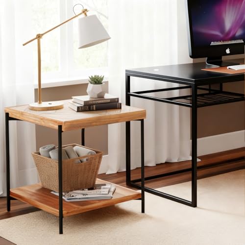 CONSDAN StoneCreek End Table 23 inch, Solid Fir Wood Side Table with Metal Frame, 2-Tier Storage Shelf, Square Nightstand for Living Room, Bedroom & Office, Rustic Style - color: End Table