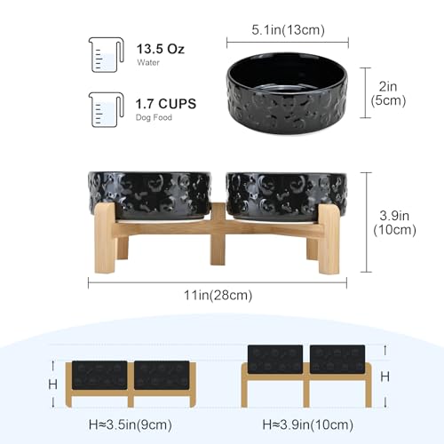 SPUNKYJUNKY Elevated Dog Bowls Ceramic, 5.1'' Dogs and Cat Food Water Bowls Raised with Non-Slip Bamboo Stand for Puppy Small Sized Breed Microwave Dishwasher Safe - 13.5 OZ,Skull Black - color: Black- Skull, size: 5.1 in - 1.7 cups