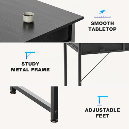 OLIXIS 32 Inch Small Desk, Computer Desk, Home Office | Fabric Drawers, Side Bag, Headphone Hook, Writing Study Work Table, Bedroom, Sleek Black - color: Sleek Black, size: 32 in