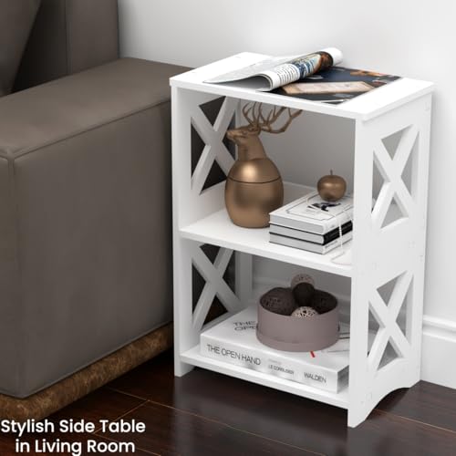 3-Tiers Narrow Side Table, Slim Nightstand Bedside Table, Small Bookshelf | Modern End Table for Small Spaces, Living Room, Bedroom, Bathroom and Office.