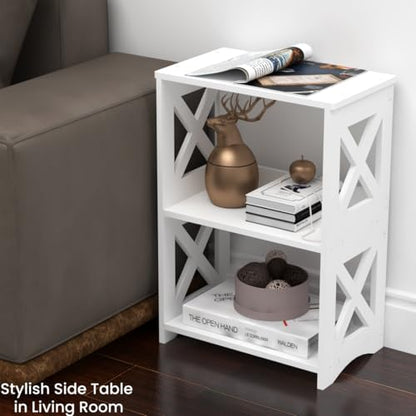 3-Tiers Narrow Side Table, Slim Nightstand Bedside Table, Small Bookshelf | Modern End Table for Small Spaces, Living Room, Bedroom, Bathroom and Office.