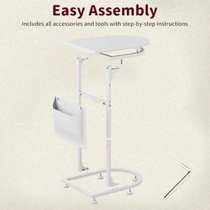 C Shaped End Table, Slide Under Small Side Table for Couch & Small Spaces | Wobble-Free C Table For Sofa, White, Storage Bag, Sturdy Metal Frame, Wood Top, Living Room & Bedroom, 15-Min Quick Assembly - color: Classic White