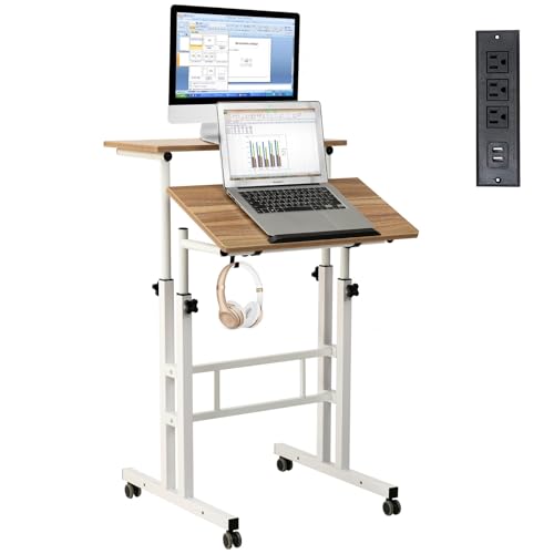 Hadulcet Mobile Standing Desk with Charging Station, Adjustable Standing Computer Desk, Standing Adjustable Laptop Cart with Wheels for Home Office Classroom Vintage Oak - color: Vintage Oak, size: 23.6" With Charging Station