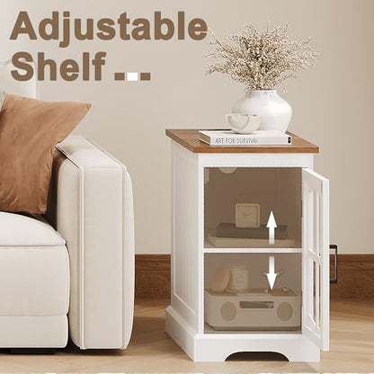 ChooChoo Farmhouse End Table Set of 2 with Charging Station, Nightstand with Adjustable Shelf and Glass Door, White Side Table for Living Room, Bedroom - color: White
