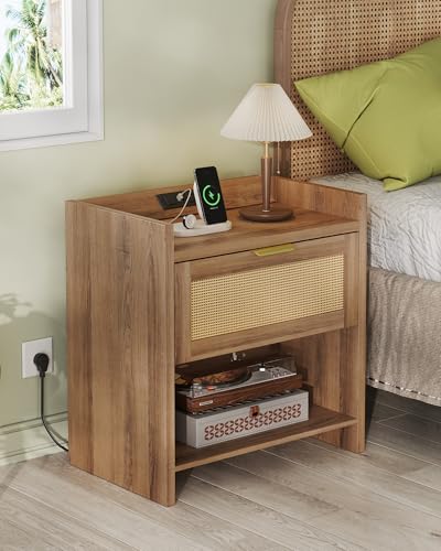 WLIVE Rattan Nightstands Set of 2, Night Stand Sets with Charging Station, Boho Bed Side Table with Storage Drawer and Open Shelf, End Tables Bedroom, Natural Oak - color: Natural Oak+2 Pcs, style: Bohemian