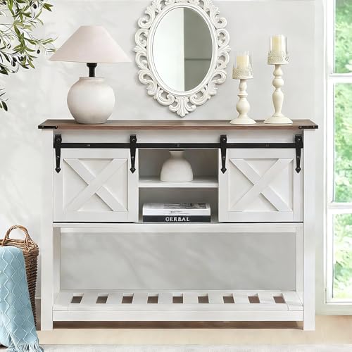 White Farmhouse Entryway Table, Rustic Hallway Table with Storage Shelf, Sofa Table with Sliding Barn Doors for Hallway, Entryway, Living Room, Foyer - color: White