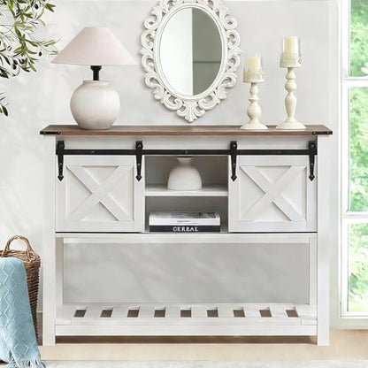 White Farmhouse Entryway Table, Rustic Hallway Table with Storage Shelf, Sofa Table with Sliding Barn Doors for Hallway, Entryway, Living Room, Foyer - color: White