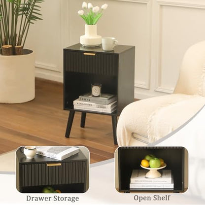 Fultyle Black Fluted Nightstand, Modern Bedside Table with Drawer and Open Storage, End Side Table Living Room with Solid Wood Legs for Bedroom (Black) - color: Black