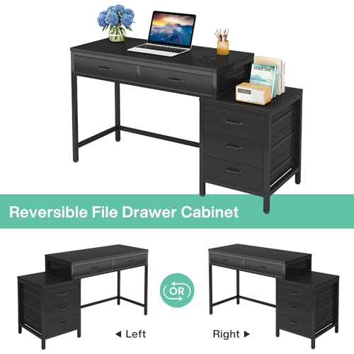 Tribesigns Computer Desk with 5 Drawers, Home Office Desks with Reversible Drawer Cabinet Printer Stand, Industrial PC Desk with Storage, Rustic Study Writing Table Workstation for Small Spaces, Black - color: Black