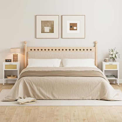 Rattan Nightstand with Drawer and Open Shelf, Boho Side Table with Gold Handle, Small Night Stand, Modern Bedside Table for Bedroom, White - color: White