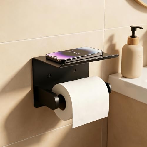 Stainless Steel Wall Mounted Toilet Paper Holder with Phone Stand - Bathroom Accessory for Mega Rolls (Matte Black)