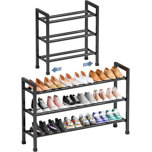 Mavivegue 19“- 43” Adjustable Shoe Rack, 3 Adjustable Length, 3 Tier Expandable Shoe Rack for Closet, Entryway, Shoe Shelf, Black - color: Black, size: 3 Tier