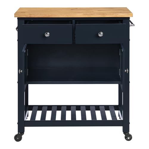 OSP Home Furnishings Stirling Farmhouse Kitchen Cart, Rolling Storage Cabinet with Drawers, Shelf, 5 Utility Hooks, Dark Blue with Natural Wood Top