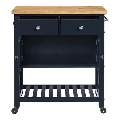 OSP Home Furnishings Stirling Farmhouse Kitchen Cart, Rolling Storage Cabinet with Drawers, Shelf, 5 Utility Hooks, Dark Blue with Natural Wood Top