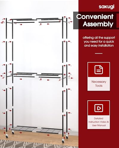 Sakugi Clothes Rack - 33.0" x 12.2" x 79.5" Clothing Rack with Shelves & Wheels, Multi-Functional Wardrobe Closet with Hooks, Sturdy Metal Garment Rack for Bedroom, Laundry, Balcony (Gold) - color: Gold, size: Large