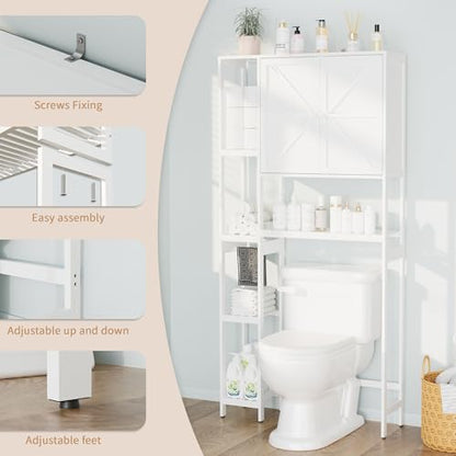 Bamboo Over The Toilet Storage, Above Toilet Organizer Storage Shelf, Tall Freestanding Behind Toilet Rack, Tiered Bathroom Space Saver Shelving, Easy Assembly (White) - color: White